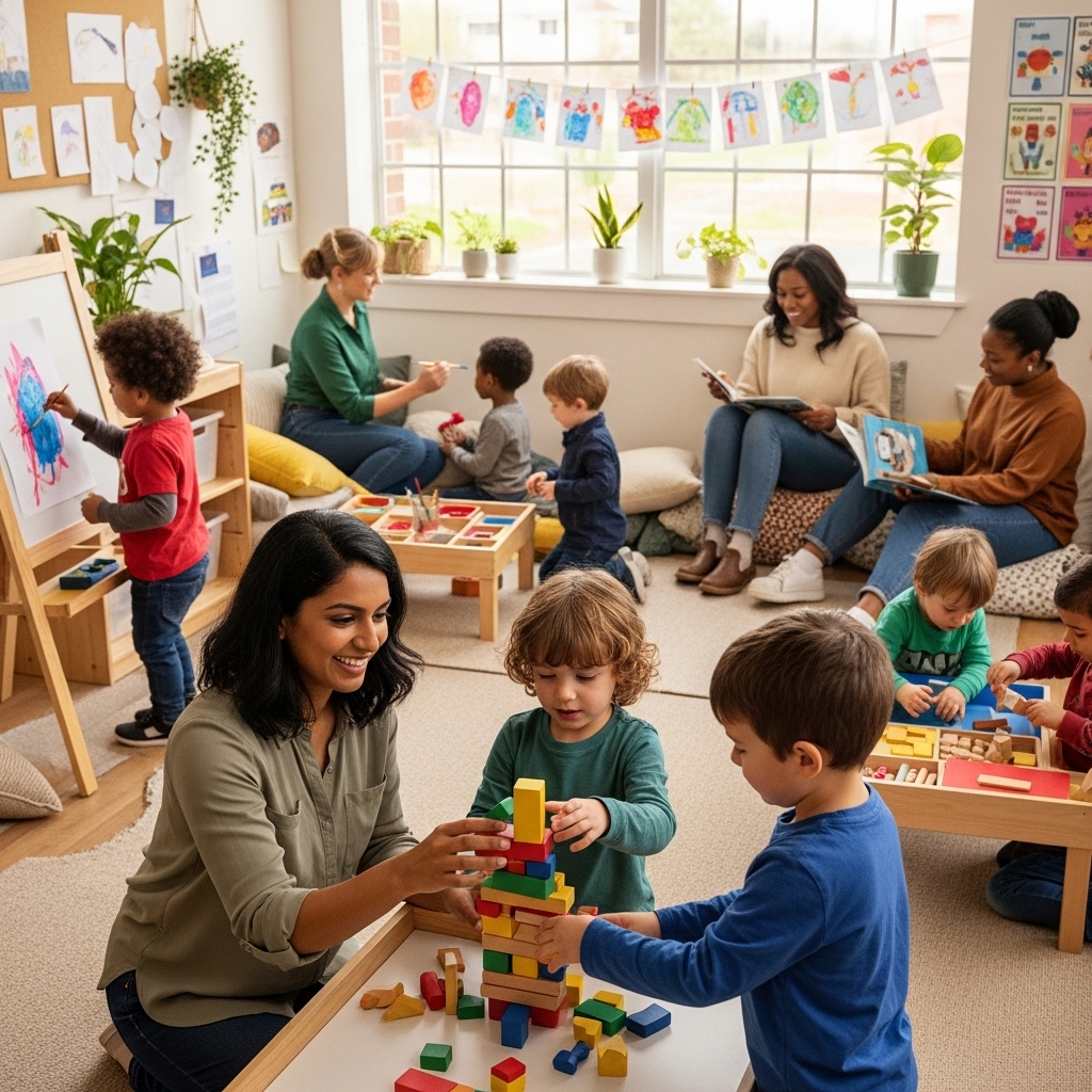 A high-quality photograph showing a diverse group of early childhood professionals and children in a bright, positive learning environment.
